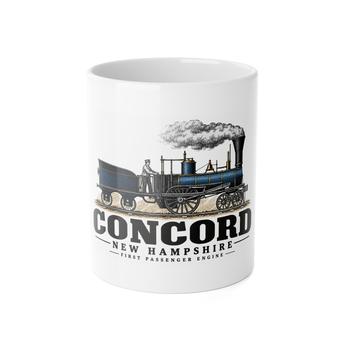 Front of First Passenger Engine white ceramic mug, Concord, New Hampshire.