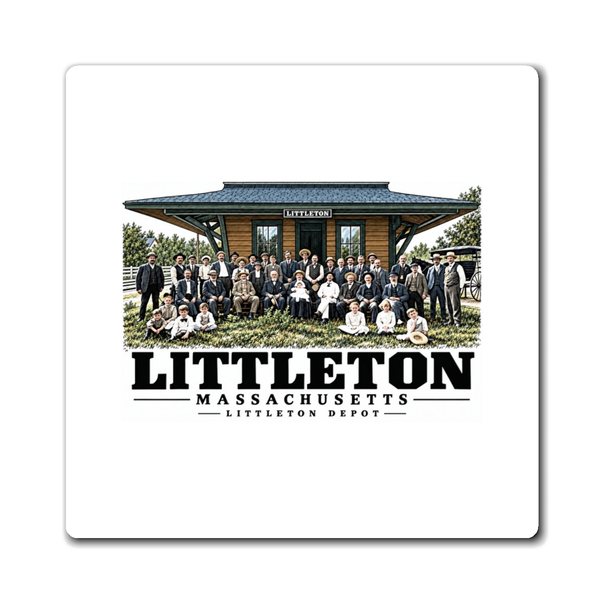 Illustrated Littleton Depot in Littleton on square magnet