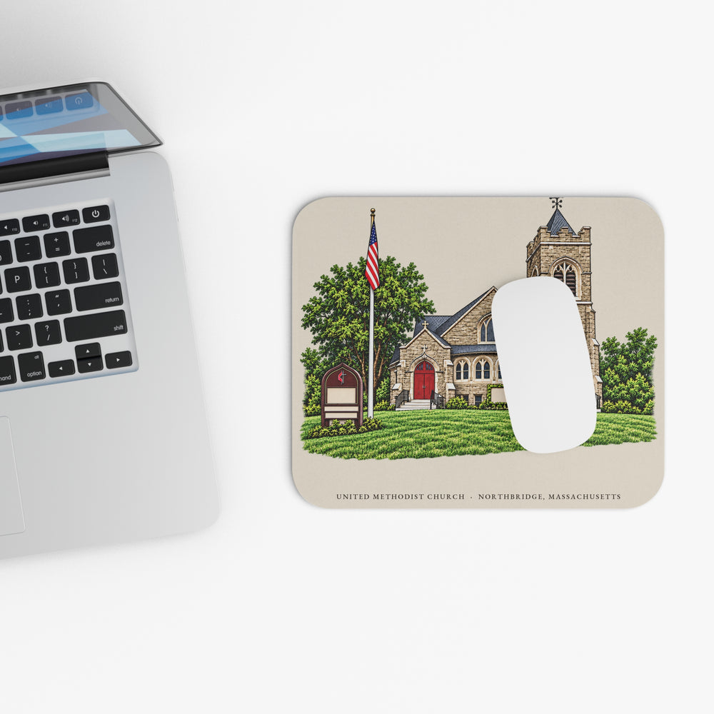 Northbridge United Methodist Church mouse pad mockup showing the full illustrated print