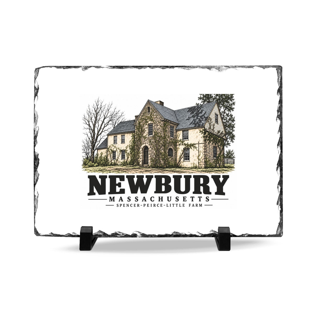Front on display stands of Spencer-Peirce-Little Farm slate desk plaque, with Newbury, Massachusetts artwork and lettering.