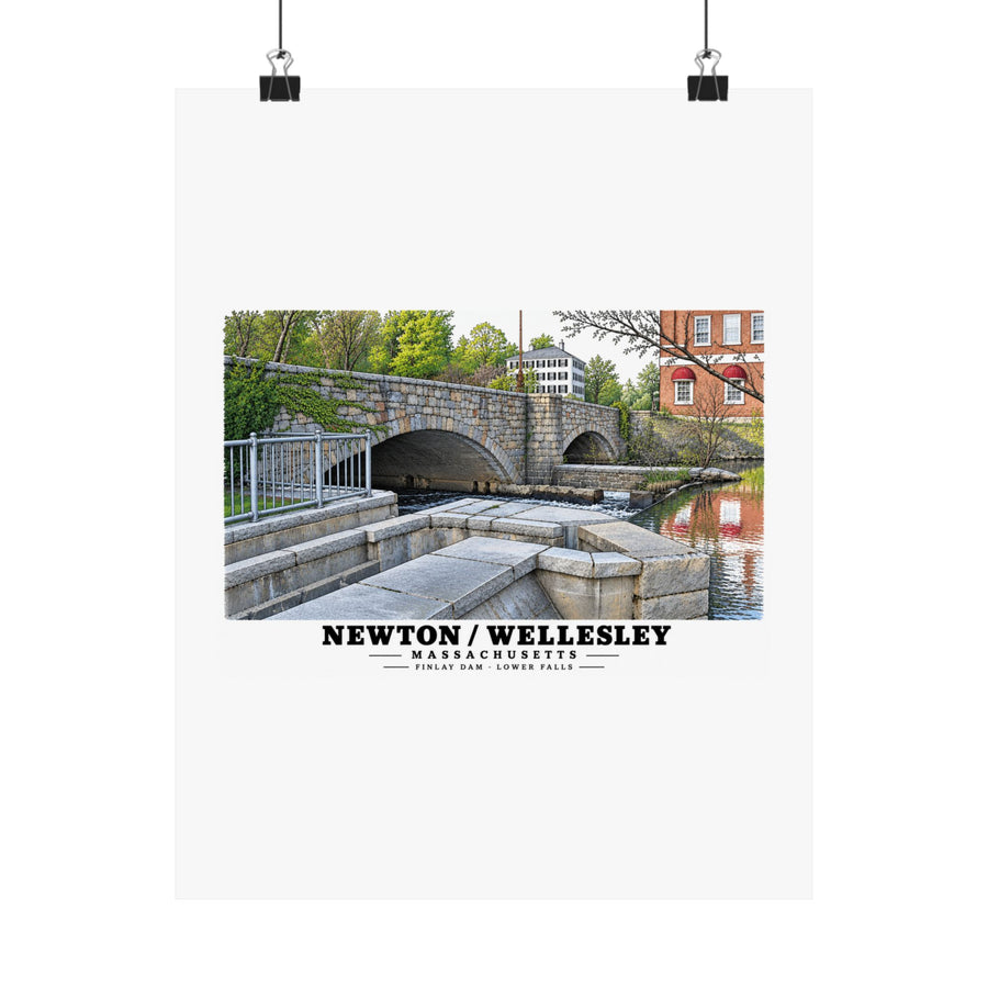 Finlay Dam stone arches and water poster with Newton/Wellesley lettering hanging from two binder clips