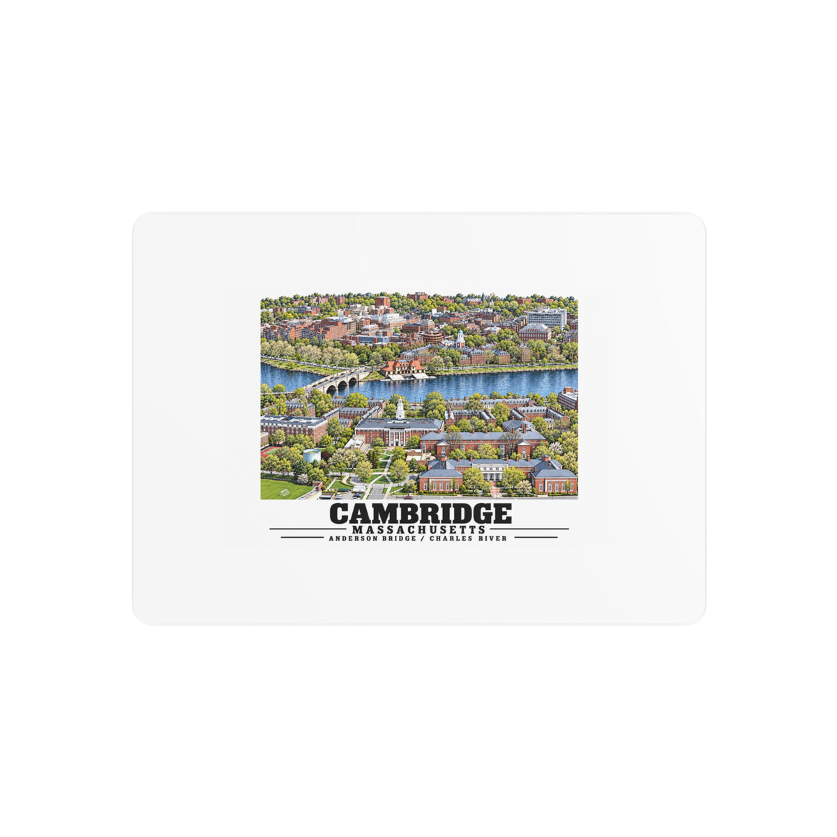 Metal wall art front with a Cambridge and Charles River aerial view and Cambridge lettering.