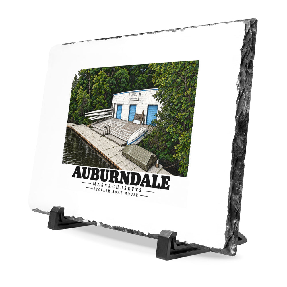 Angled view of the Auburndale Stoller Boathouse slate desk plaque on black stands.