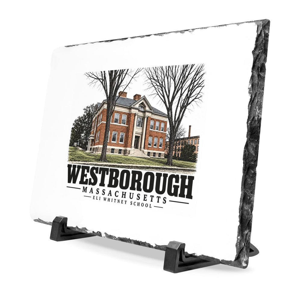 Illustrated Eli Whitney School in Westborough on slate desk plaque