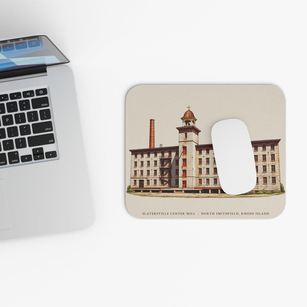 North Smithfield Slatersville Center Mill mouse pad mockup showing the full illustrated print