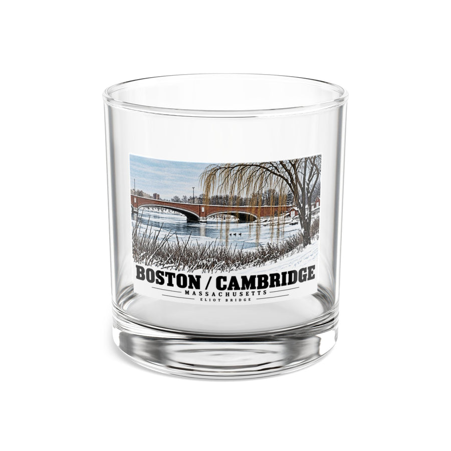 Clear rocks glass showing Eliot Bridge winter river view with snow and bare trees artwork and Boston/Cambridge lettering