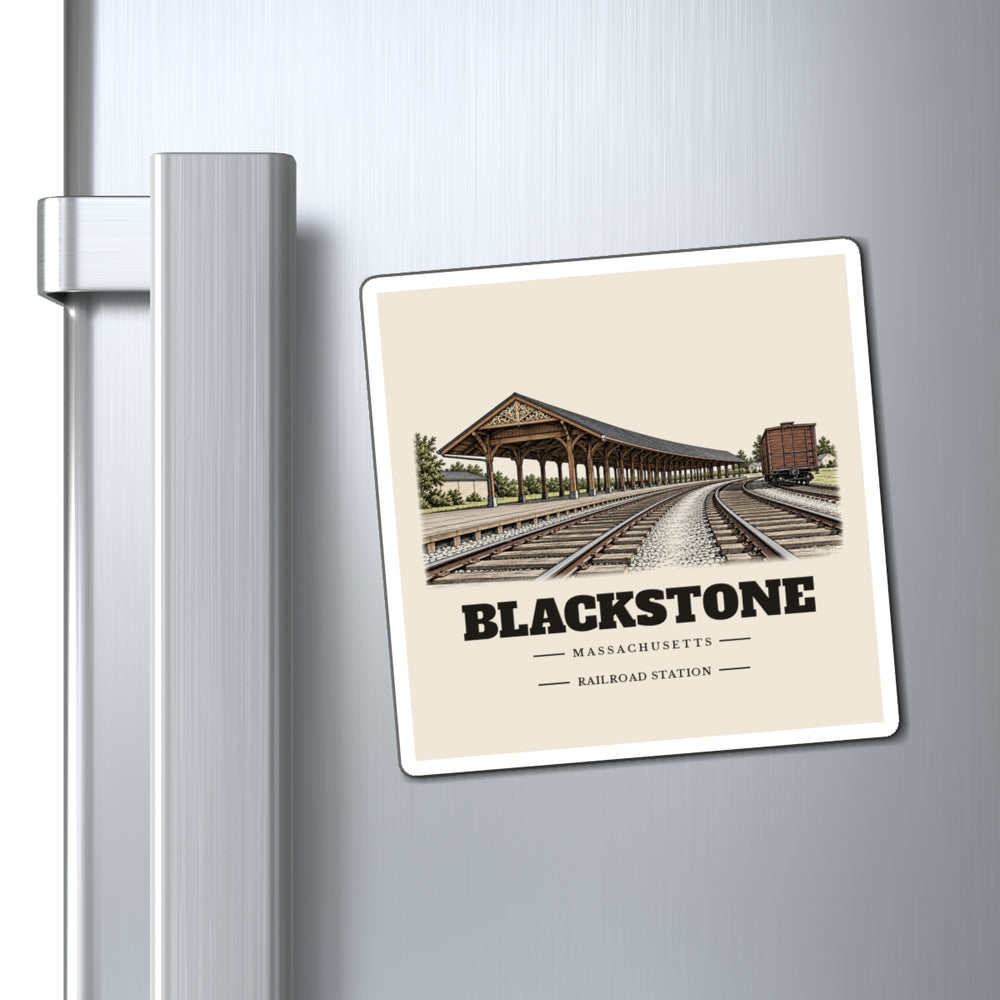 Blackstone Railroad Station 4 inch magnet shown on a refrigerator