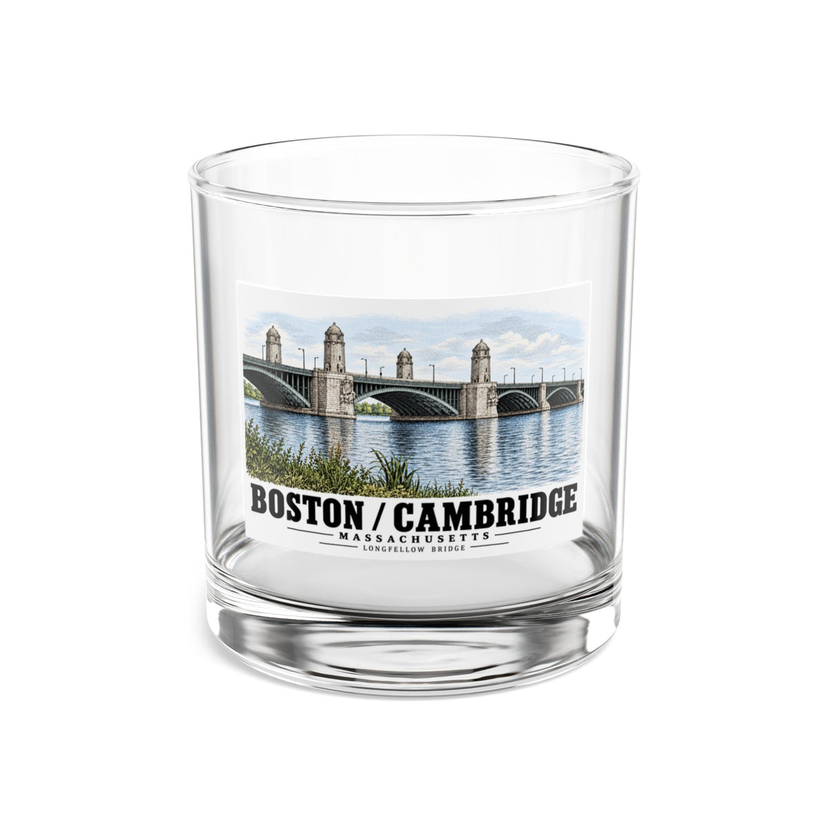 2.  View of the central span of the bridge showing the four towers marking the harbor entrance - Longfellow Bridge, Spanning Charles River at Main Street, Boston, Suffolk County, MA 10 oz Rocks Glass...