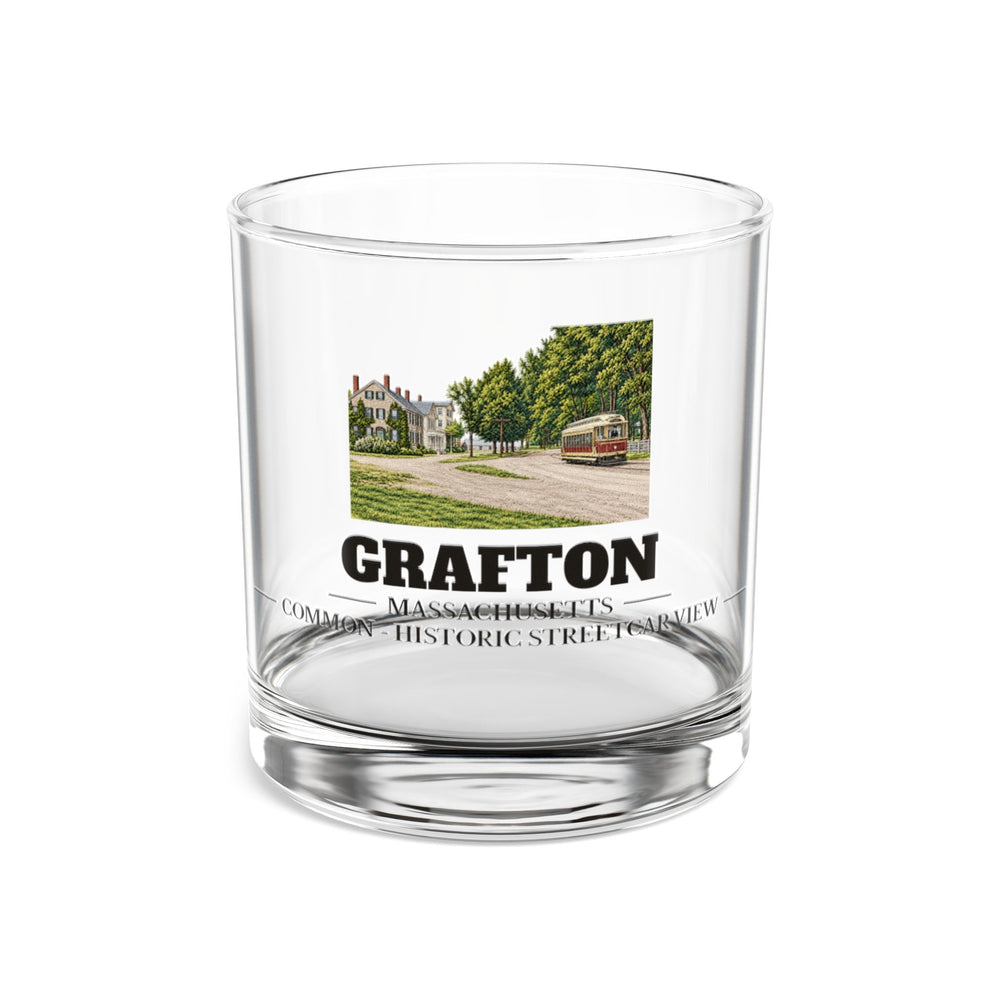 Front view of the Grafton Common - Historic Streetcar View artwork printed on a clear 10 oz rocks glass