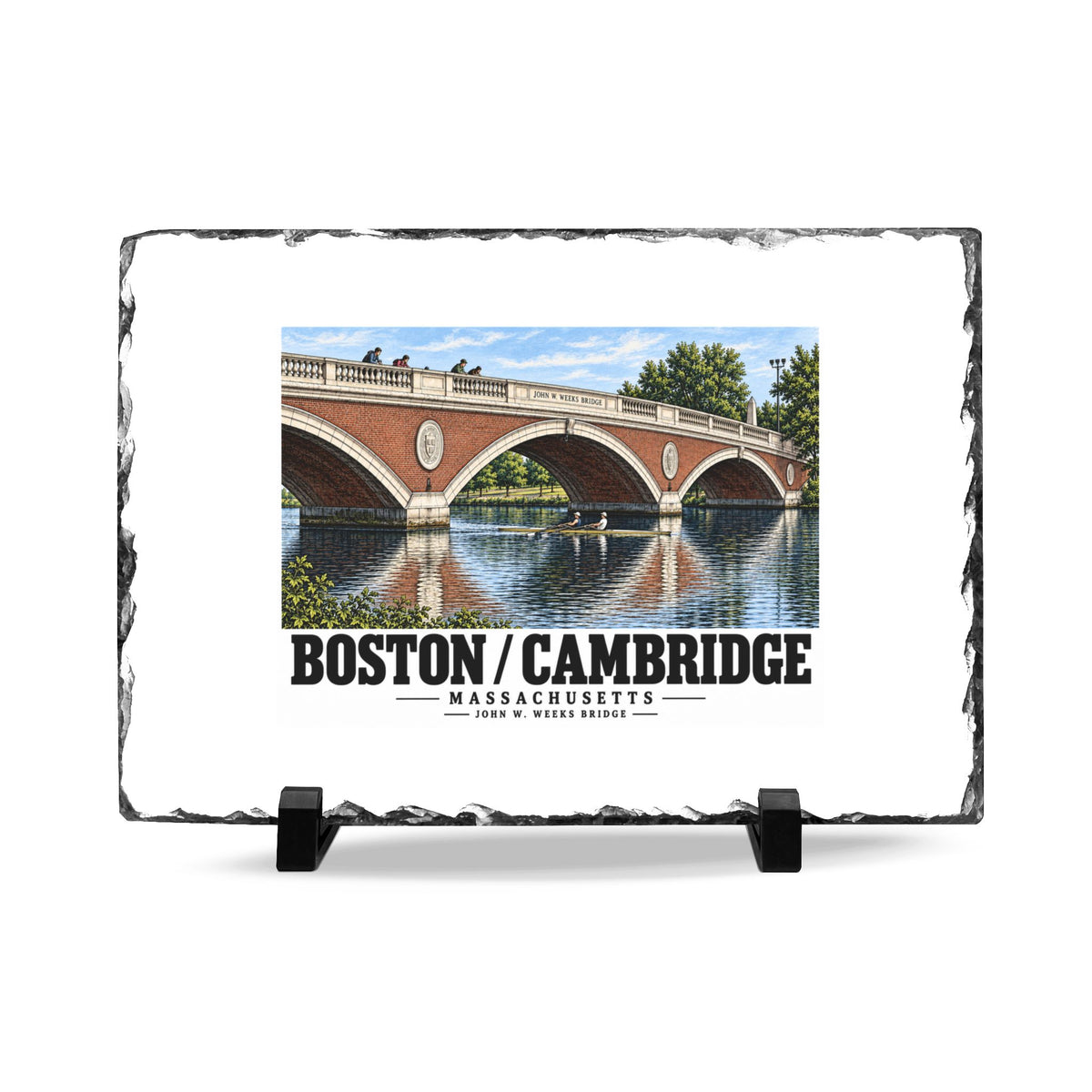 Rough-edged slate display on two black stands with John W. Weeks Bridge and scullers artwork and Boston/Cambridge lettering