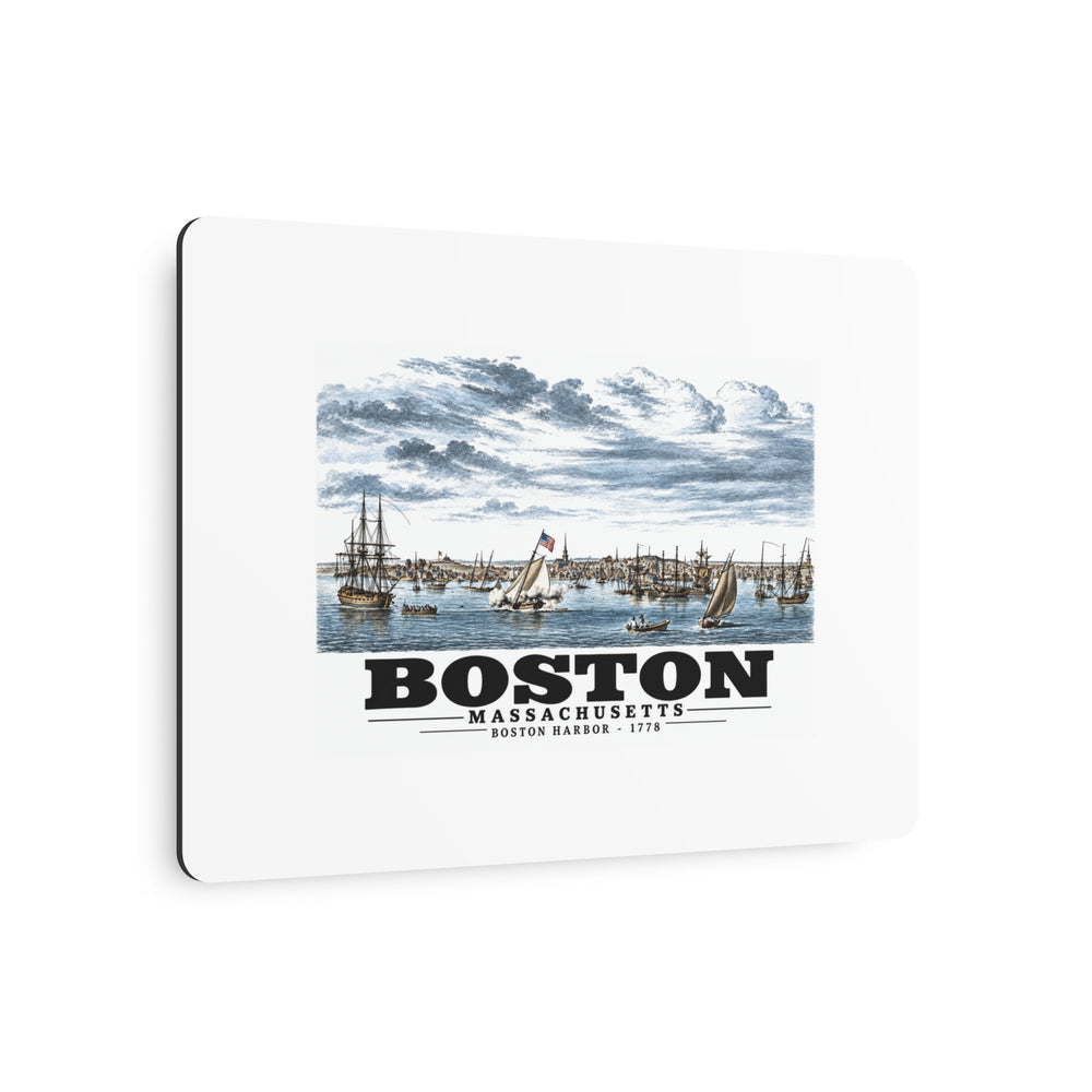 Angled view of Boston Harbor waterfront scene with sailing ships metal print with its dark edge visible