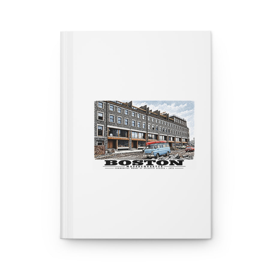 White hardcover journal with Commercial Wharf Street buildings, blue van and renovation debris artwork and Boston lettering