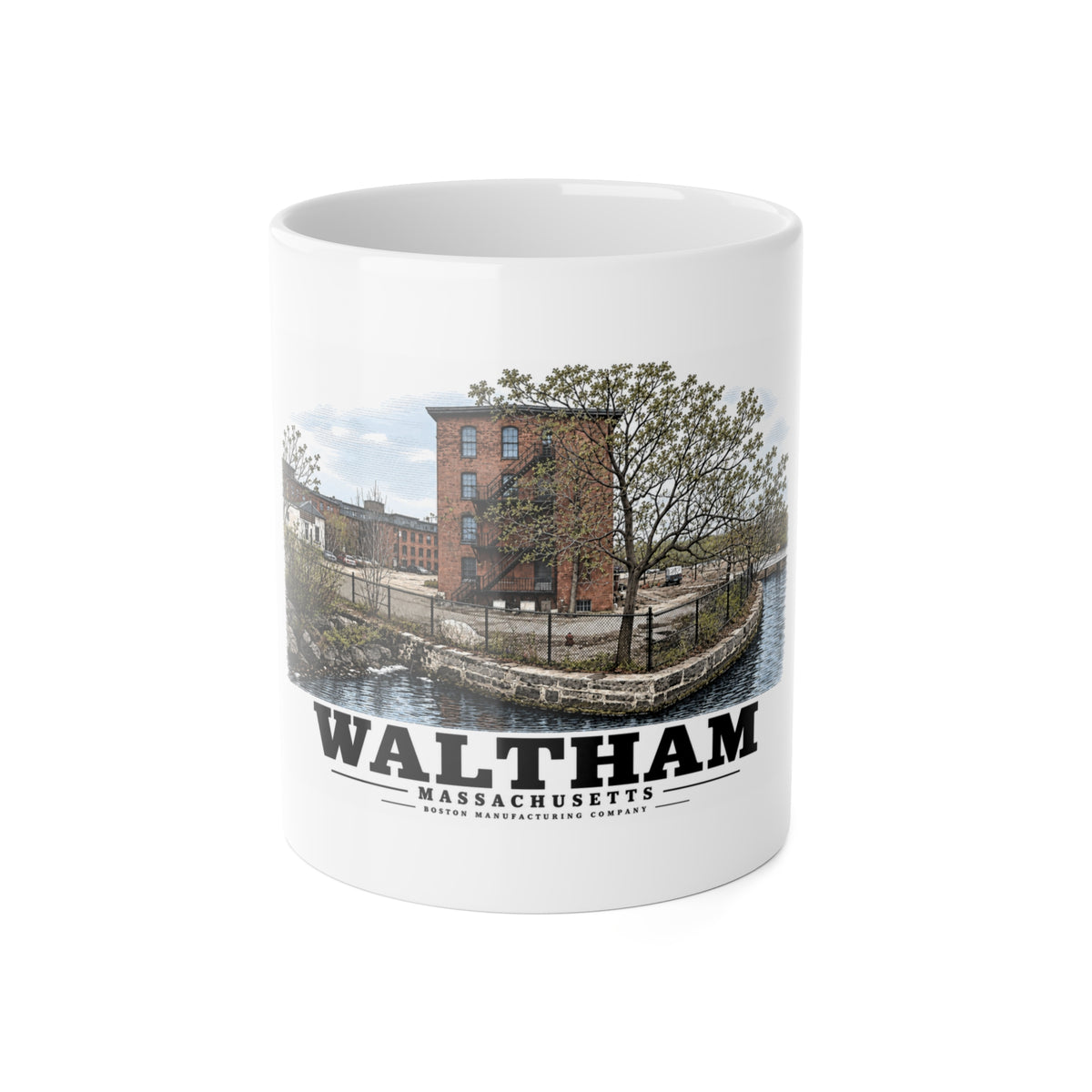 Illustrated Boston Manufacturing Company in Waltham on ceramic mug