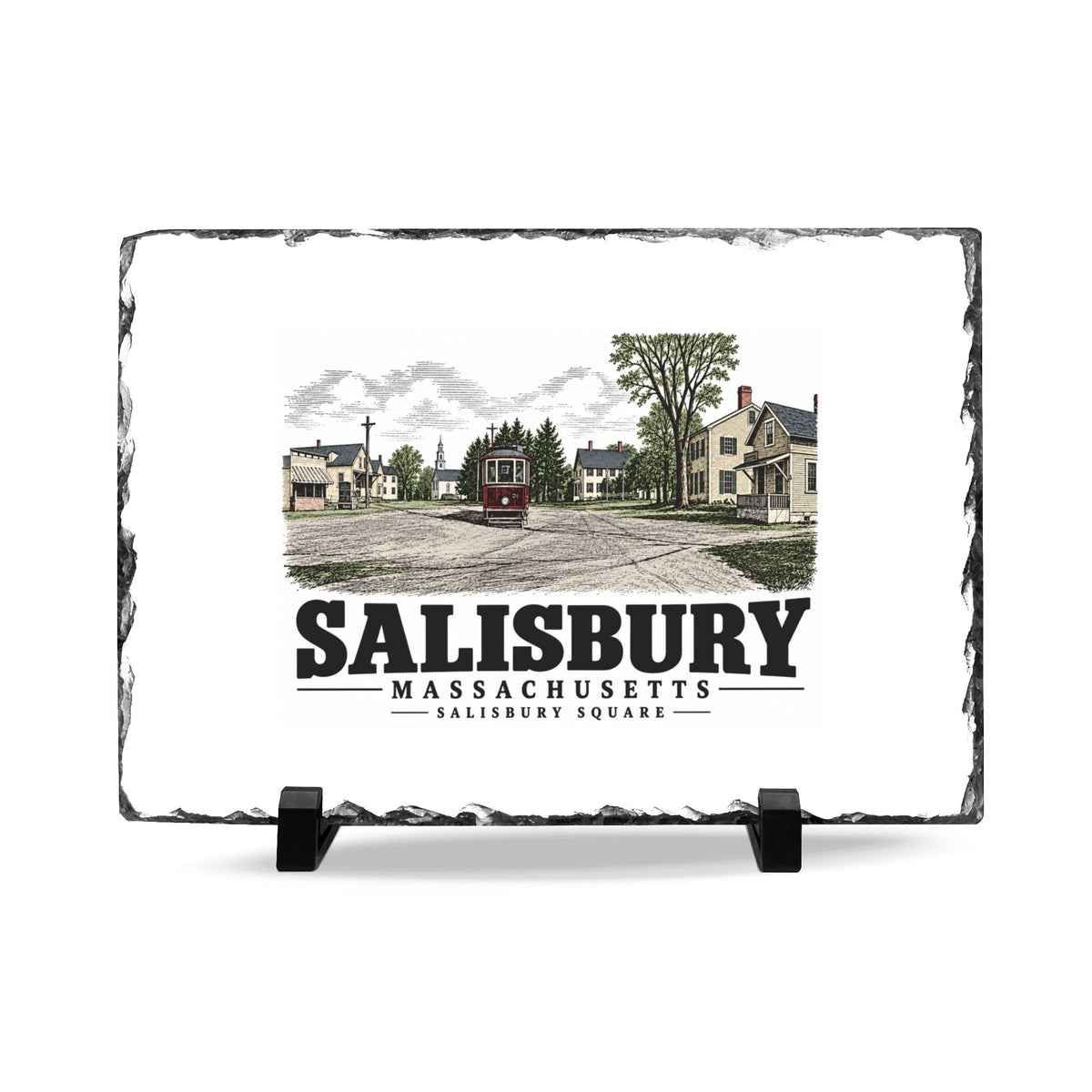 Illustrated Salisbury Square with Exeter-signed streetcar in Salisbury on slate desk plaque