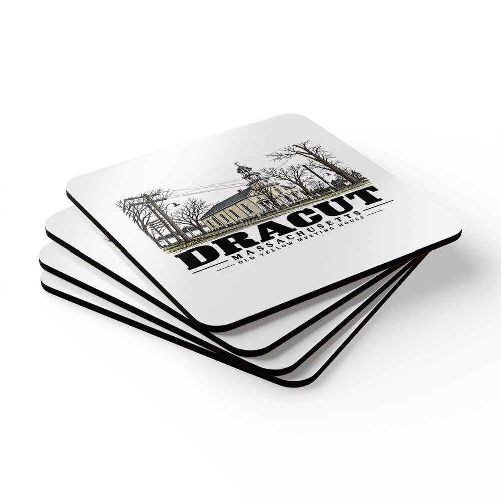 Stack of four coasters of Old Yellow Meeting House square cork-backed coaster set, Dracut, Massachusetts.