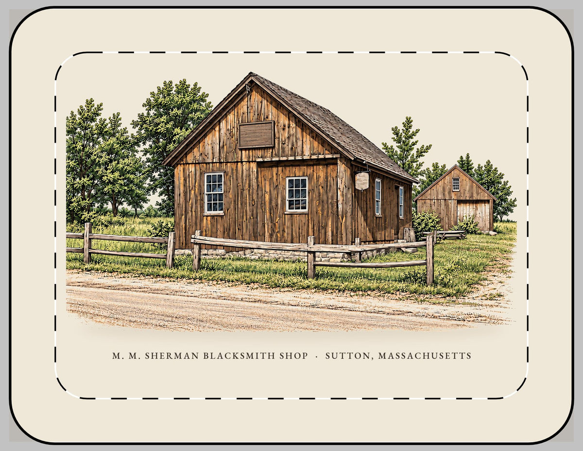 Sutton M. M. Sherman Blacksmith and Wheelwright Shop 13-inch laptop sleeve mockup showing the full illustrated print