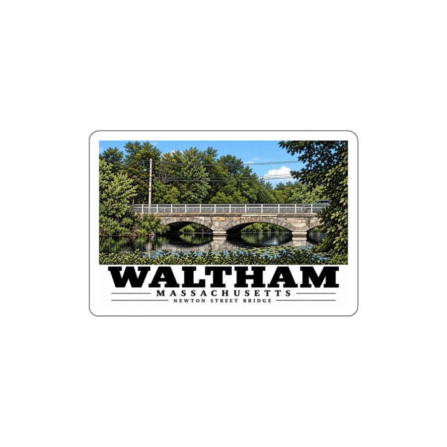 Illustrated Newton Street Bridge in Waltham on die-cut sticker