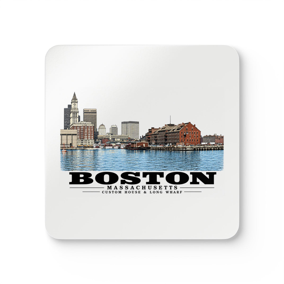 Custom House left to Long Wharf right Cork Back Coaster Set - Boston Harbor