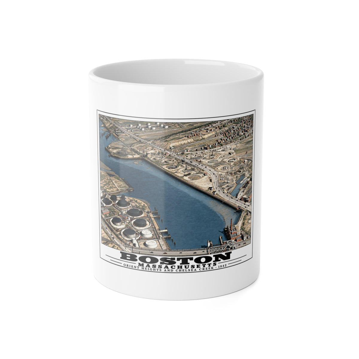 Orient Heights taken at 600 feet-Shore line, Chelsea Creek, East Boston 11 oz White Ceramic Mug - Boston Harbor