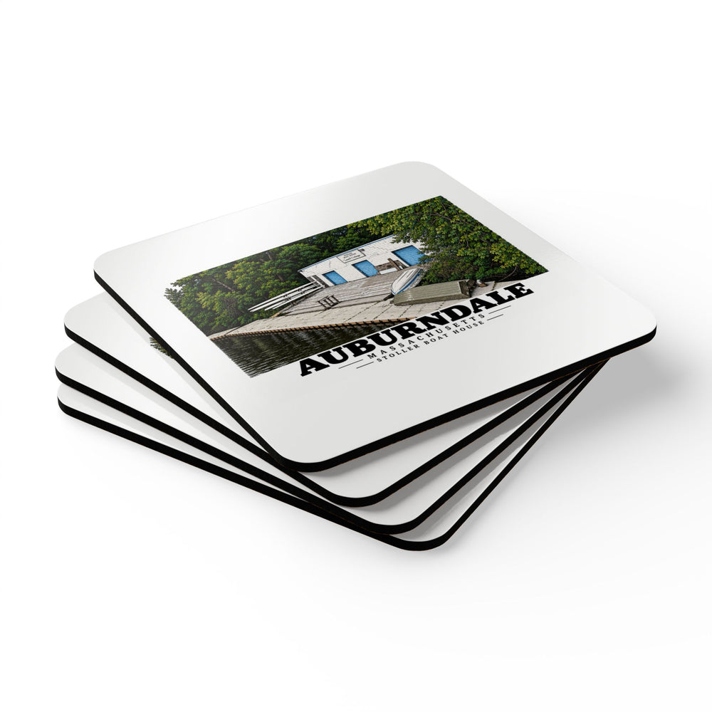 Angled stack of four coasters showing Auburndale Stoller Boathouse artwork.