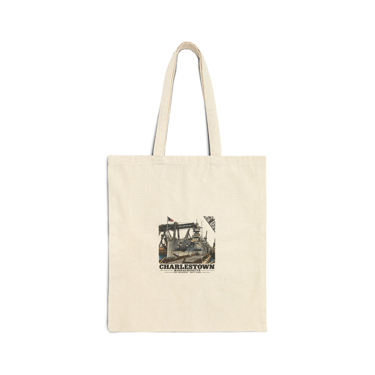Front of natural cotton canvas tote with USS Arkansas and Charlestown artwork