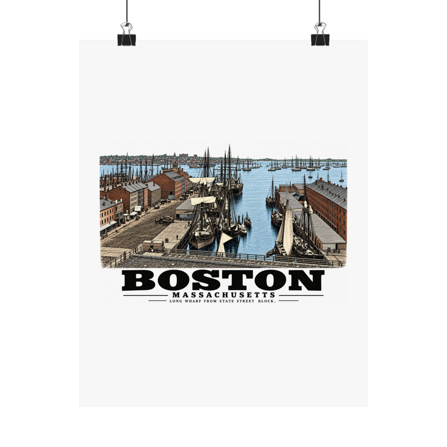 Long Wharf, from State St. block Matte Heritage Poster — 11 × 14 and 18 × 24 in - Boston Harbor