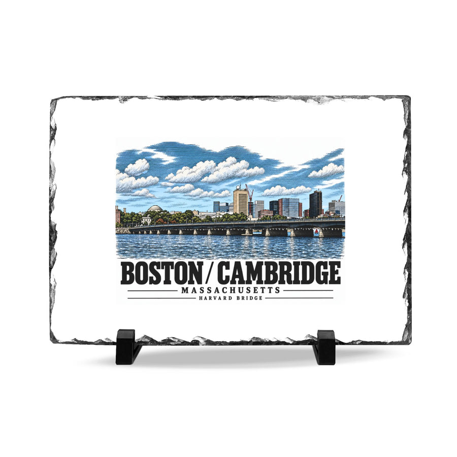 Rough-edged slate display on two black stands with Harvard Bridge river and skyline view artwork and Boston/Cambridge lettering
