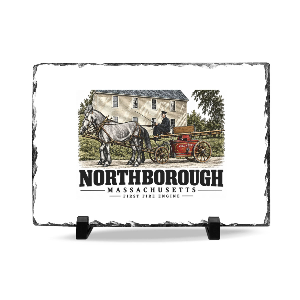 Illustrated First Fire Engine in Northborough on slate desk plaque