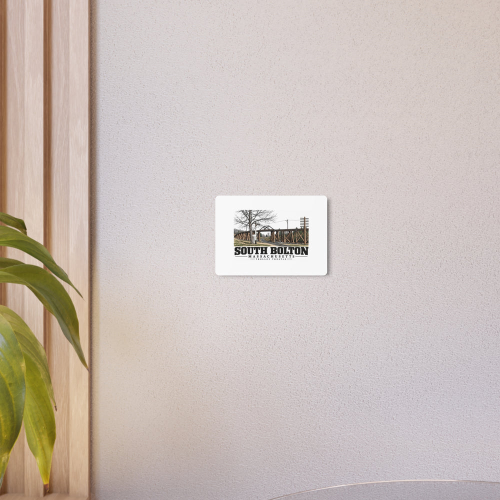 Illustrated Trolley Trestle in South Bolton on metal art sign