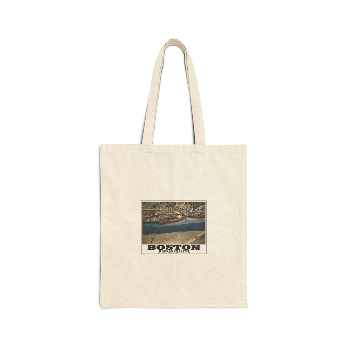 Shoreline, Chelsea Creek, East Boston, MA, Low Tide, Oil Storage Natural Heavy Canvas Tote - Boston Harbor