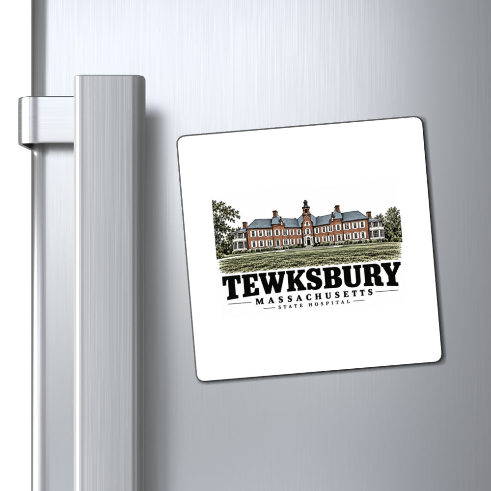 Refrigerator display of State Hospital square vinyl magnet, Tewksbury, Massachusetts.