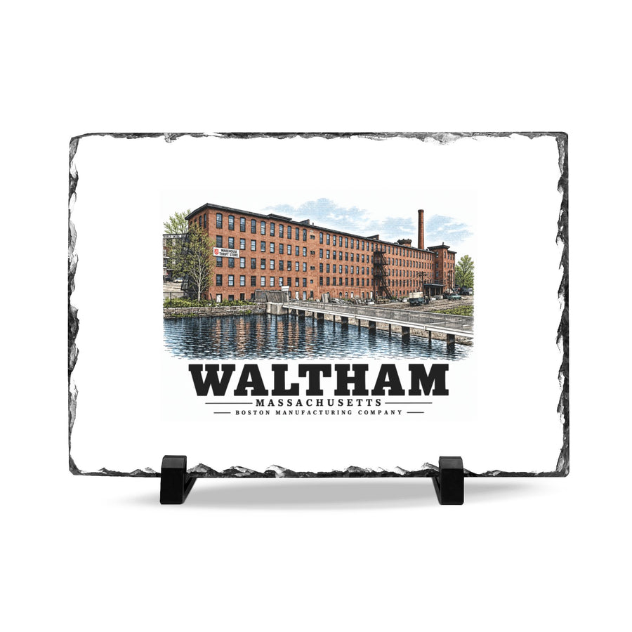 Illustrated Boston Manufacturing Company in Waltham on slate desk plaque