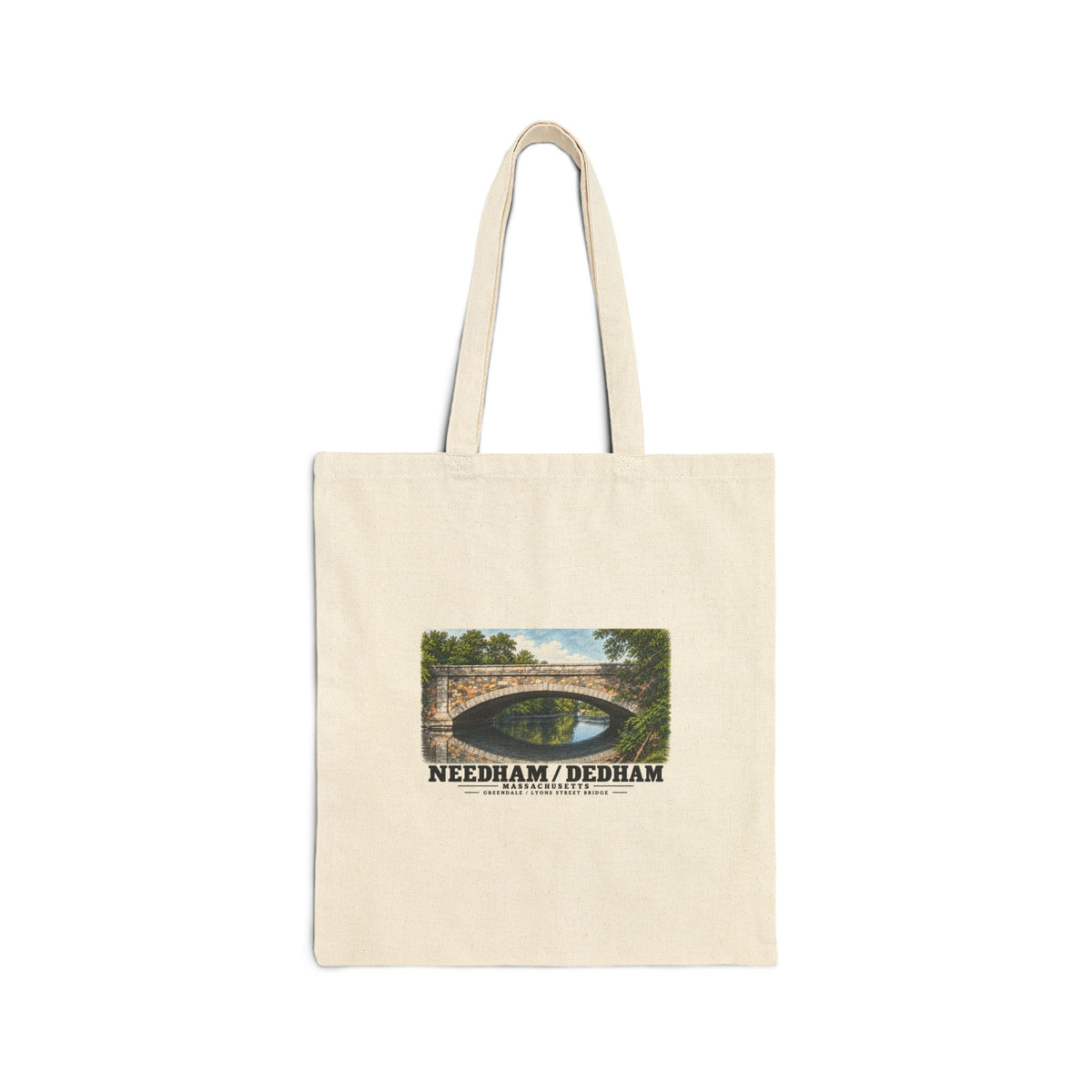 Natural fabric tote with Greendale Avenue / Lyons Street Bridge stone arch and reflection artwork and Needham/Dedham lettering