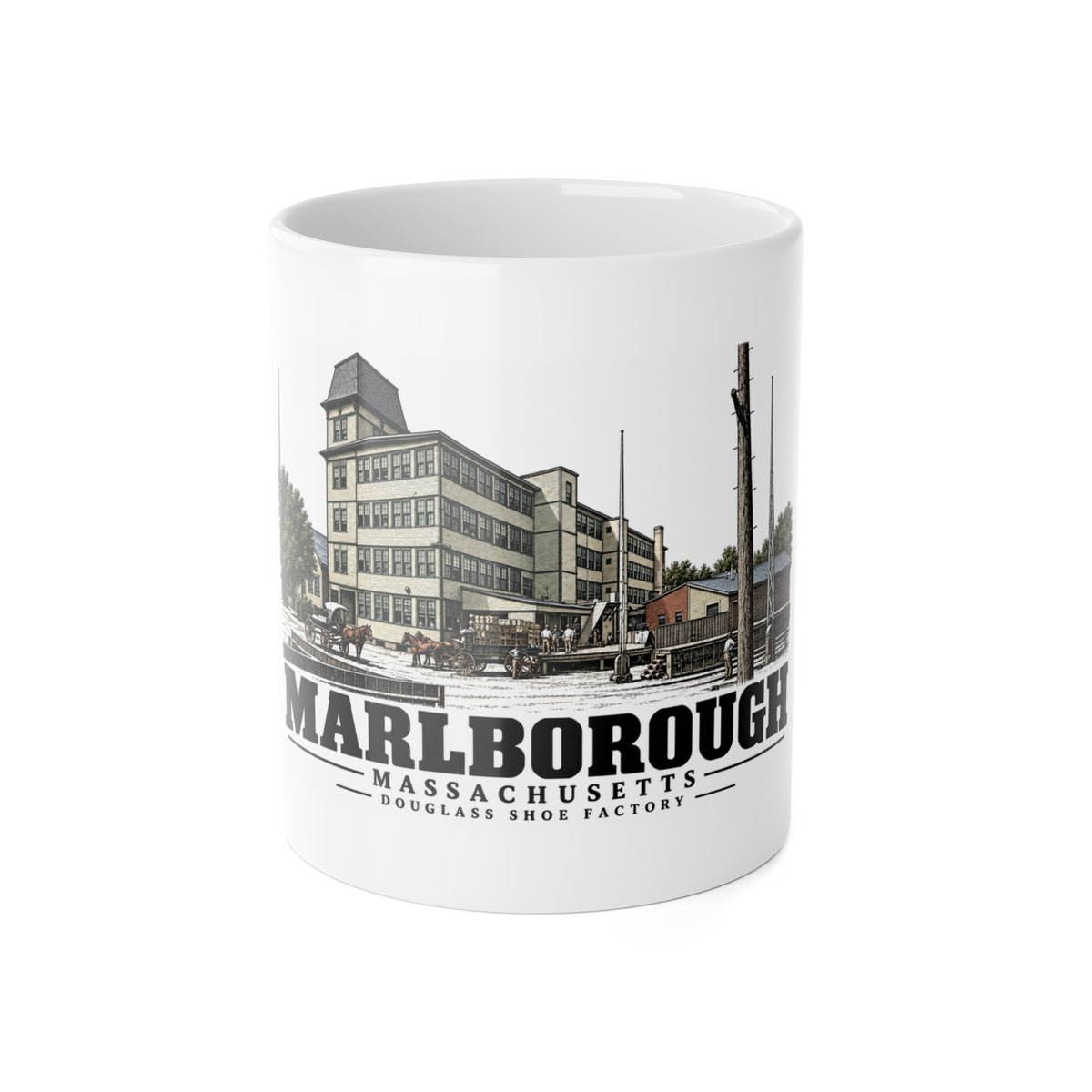 Illustrated Douglass Shoe Factory in Marlborough on ceramic mug