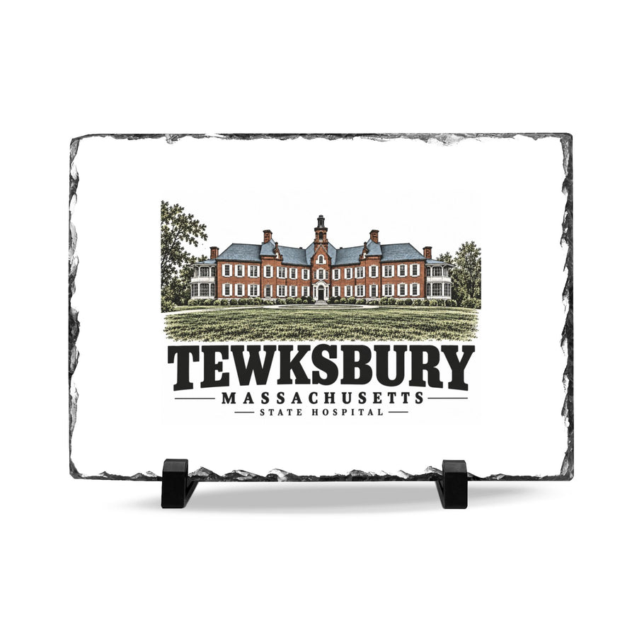 Front on black stands of State Hospital slate desk plaque, Tewksbury, Massachusetts.