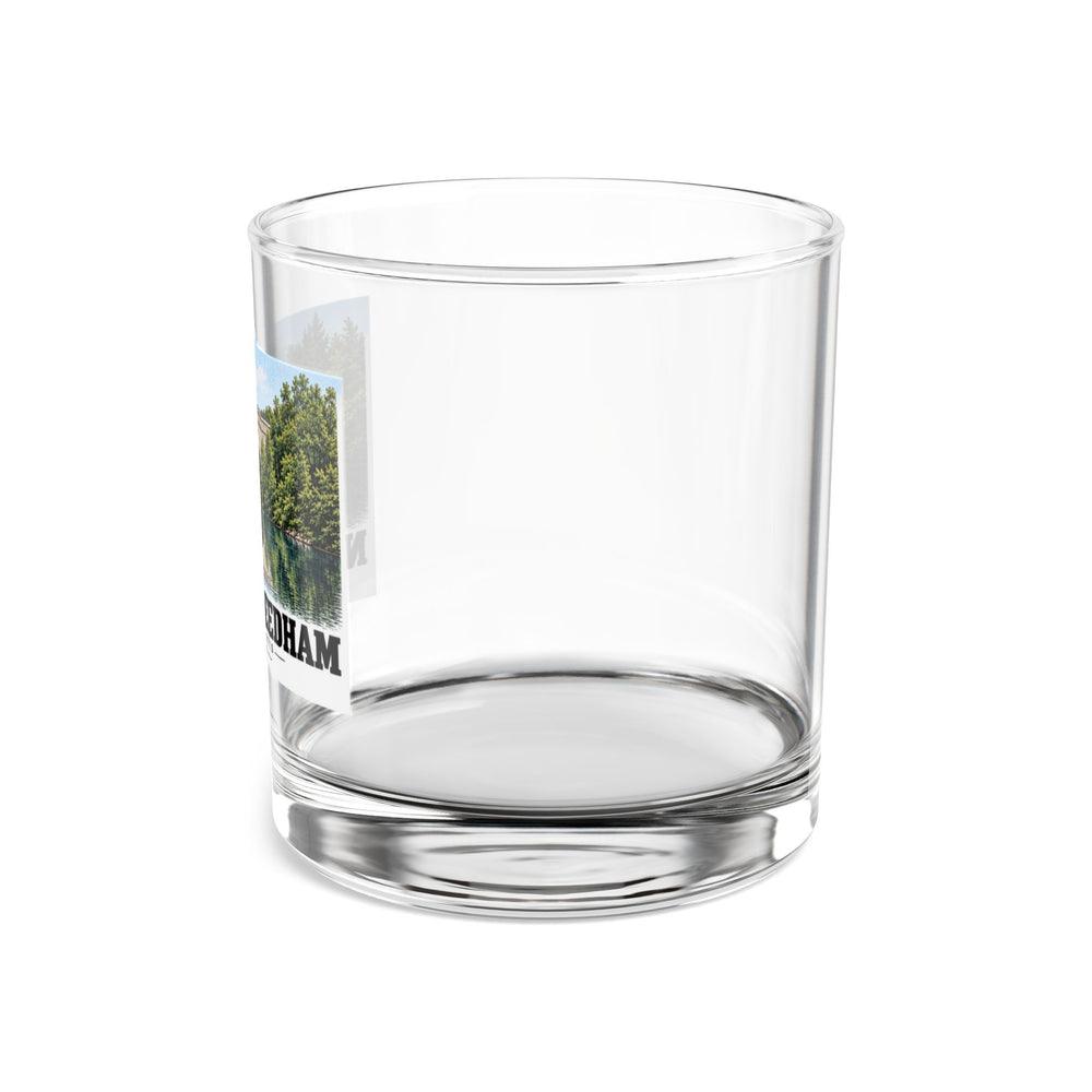 Side view of clear rocks glass with mostly unprinted surface and part of Echo Bridge landscape print at left