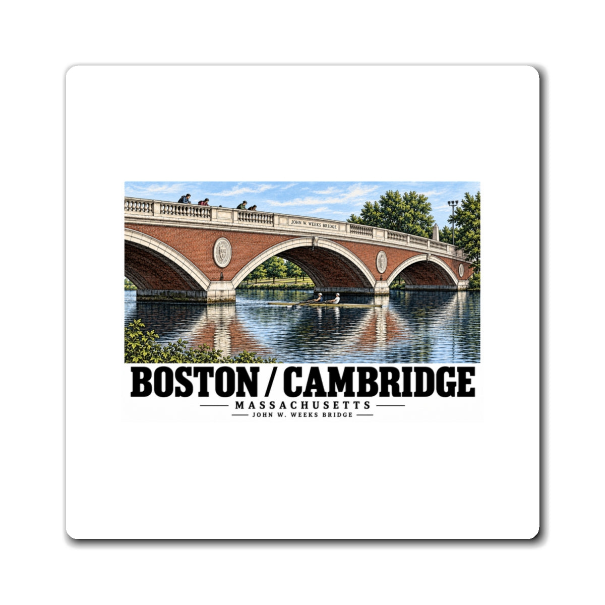 White rectangular magnet showing John W. Weeks Bridge and scullers artwork and Boston/Cambridge lettering