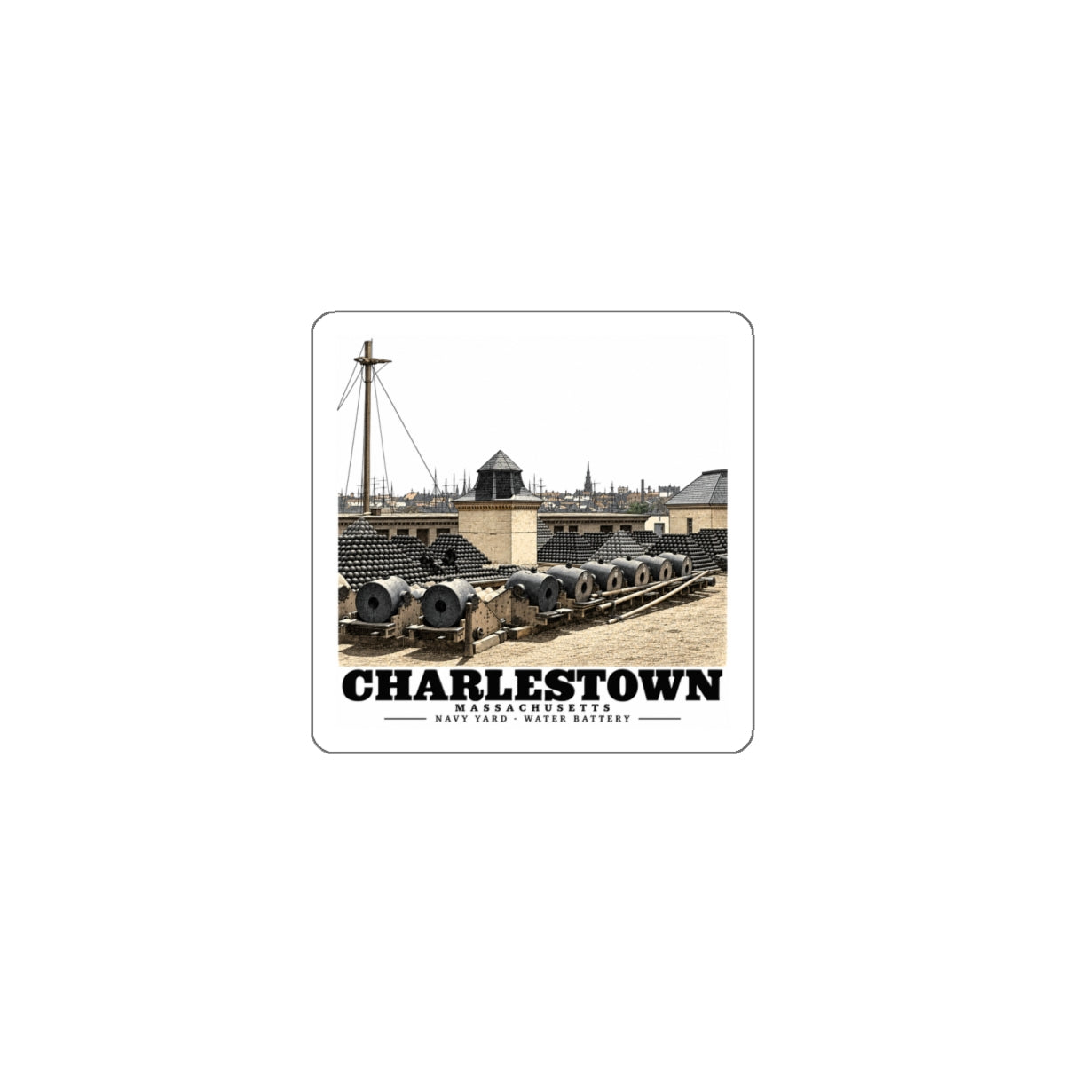 Front of white 4 inch die-cut sticker with Water Battery artwork and Charlestown lettering