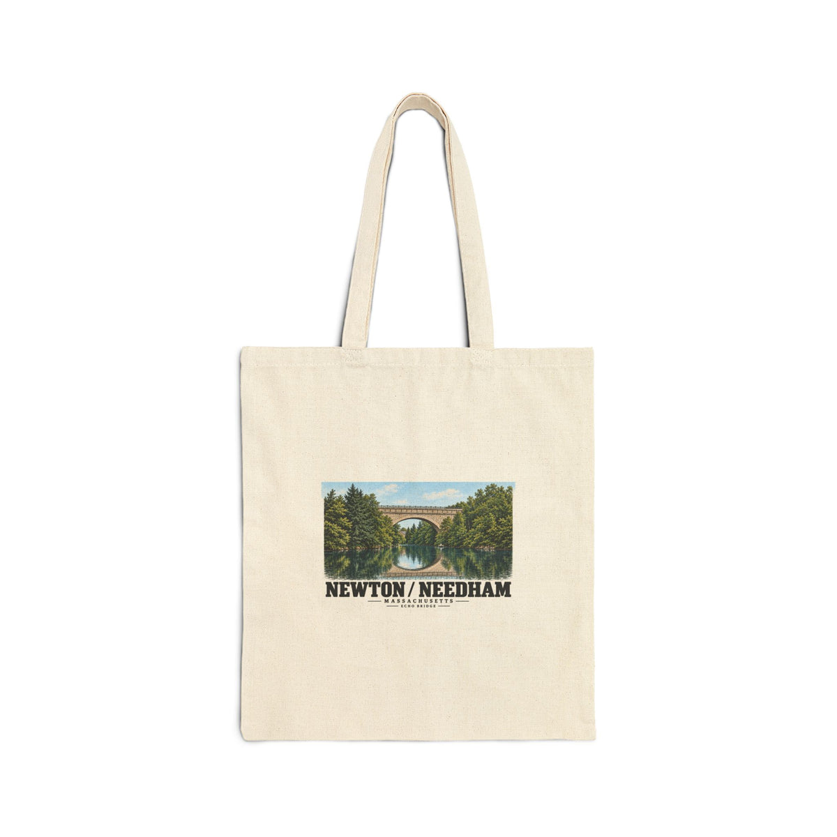 Natural fabric tote with Echo Bridge landscape artwork and Newton/Needham lettering
