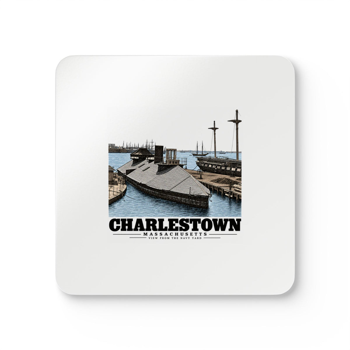 Front of four-piece coaster set with Navy Yard waterfront artwork and Charlestown lettering
