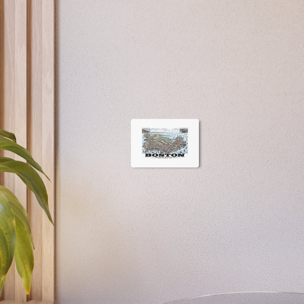 East Boston bird-eye city and harbor panorama with inset views metal print on a beige wall beside a plant