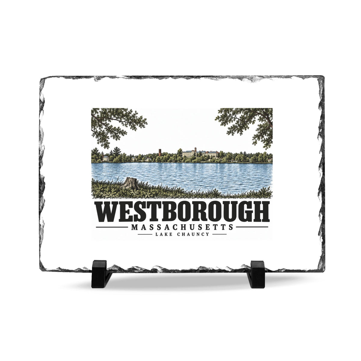 Illustrated Lake Chauncy in Westborough on slate desk plaque