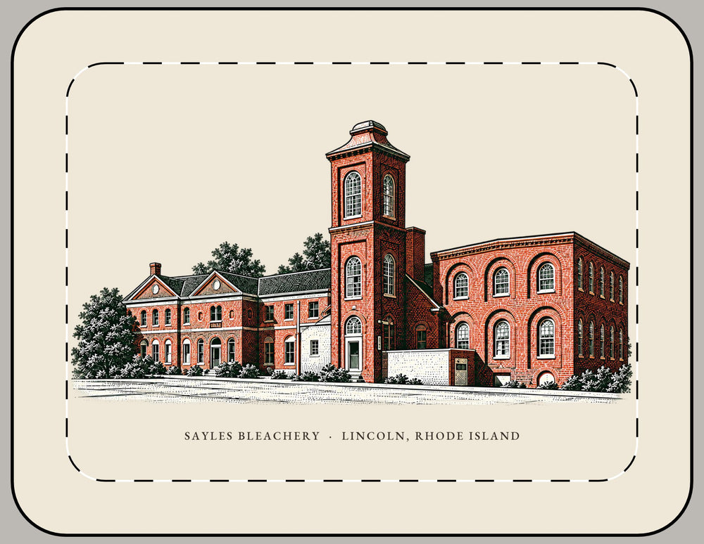 Lincoln Sayles Bleachery 15-inch laptop sleeve mockup showing the full illustrated print