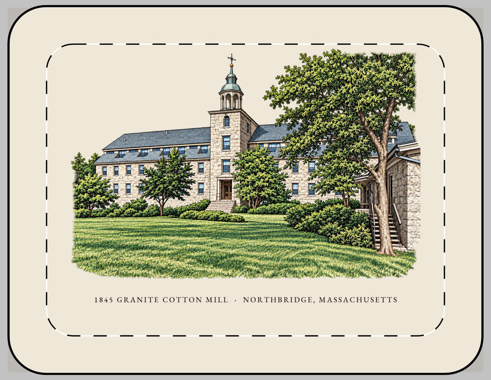 Northbridge 1845 Granite Cotton Mill 13-inch laptop sleeve mockup showing the full illustrated print