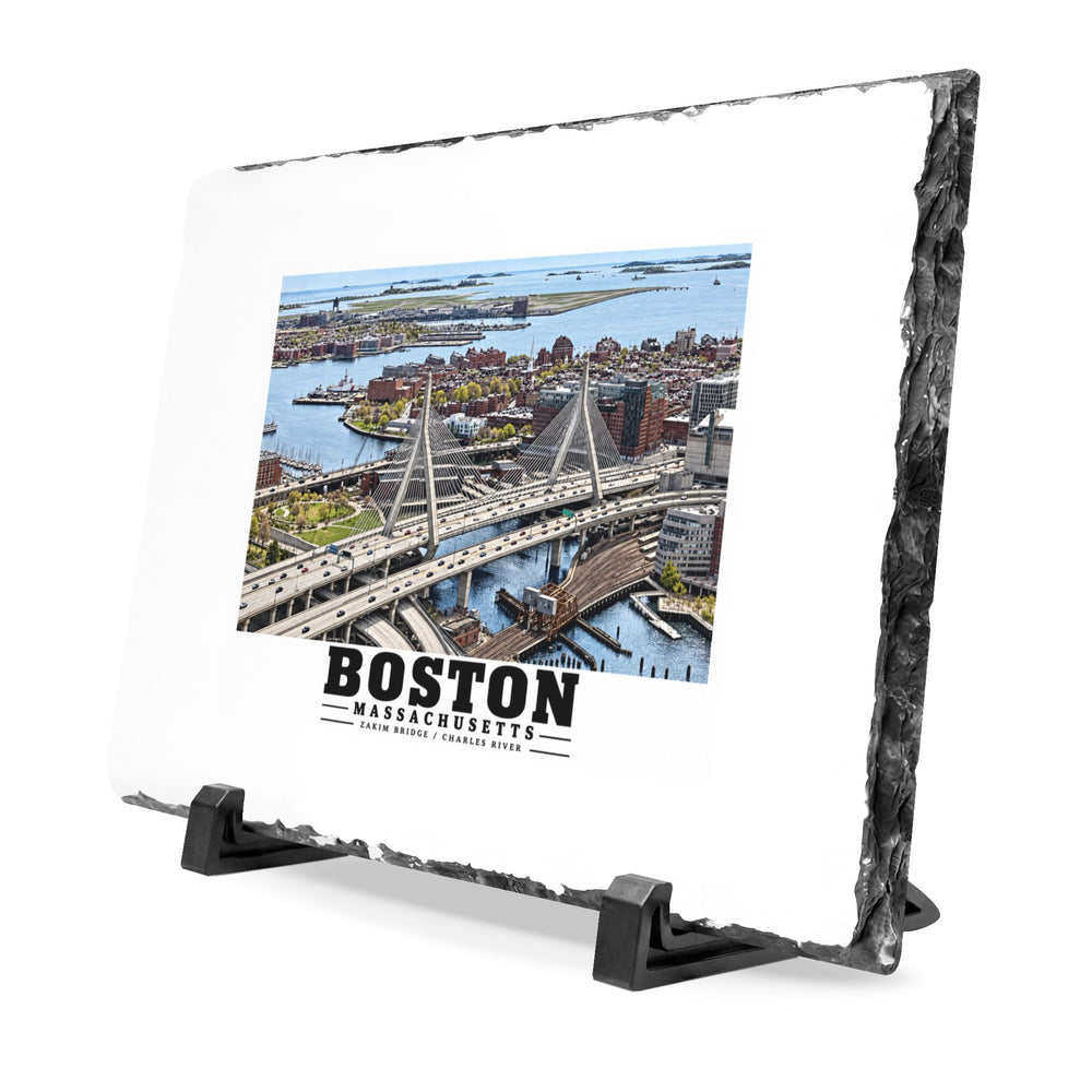 Aerial view of Boston with Zakim Bridge across Charles 7 × 11 in Slate Desk Plaque - Charles River