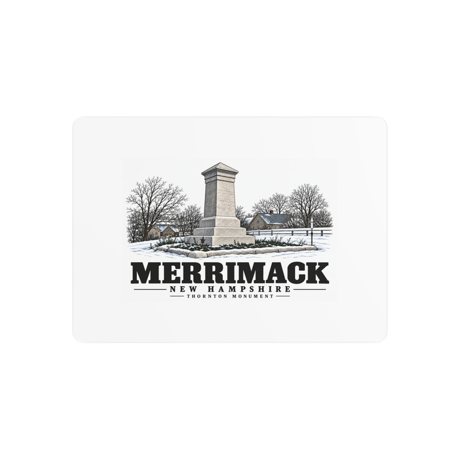 Front of Thornton Monument metal wall art, with Merrimack, New Hampshire artwork and lettering.