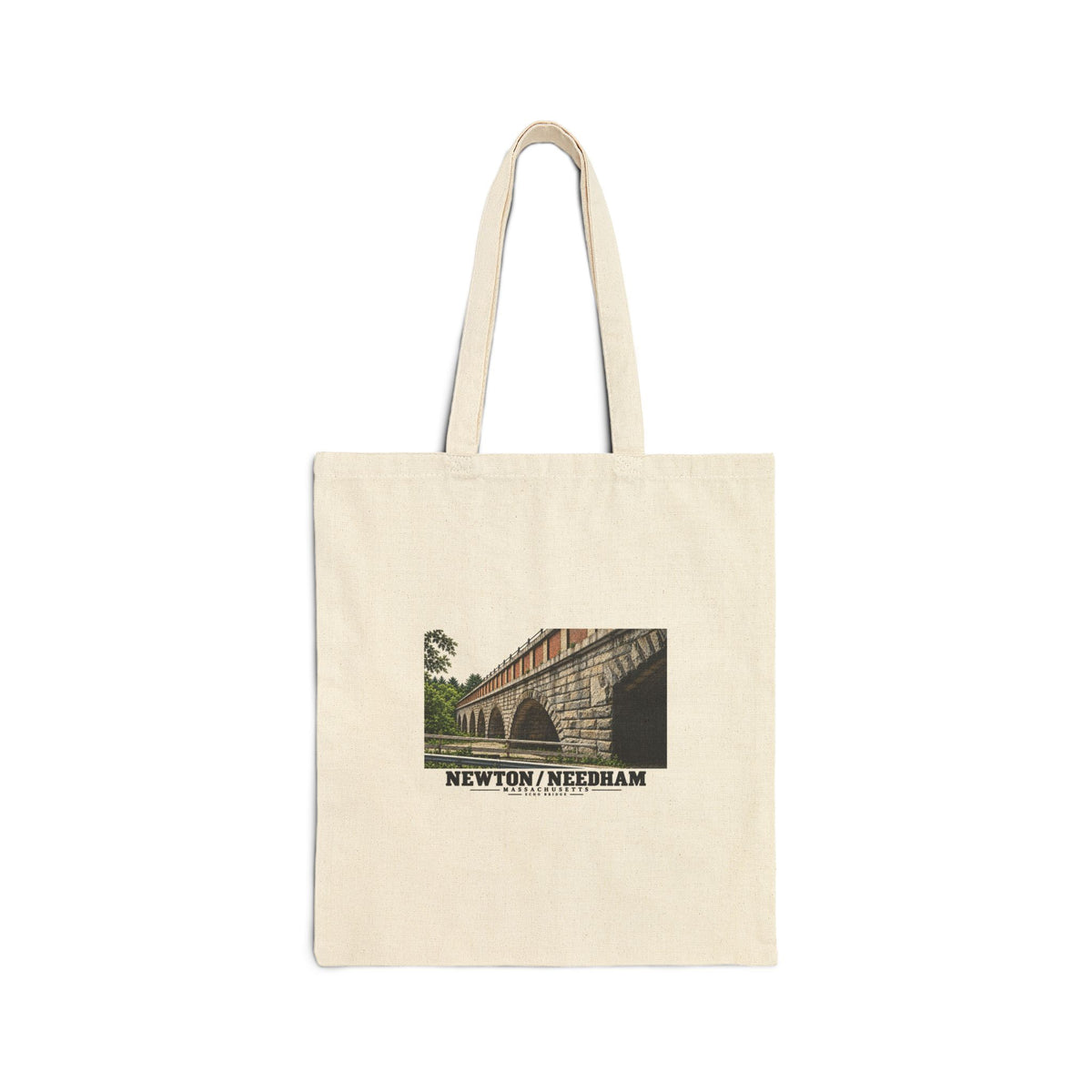 Natural canvas tote front with Echo Bridge artwork showing a row of stone arches and a brick upper band, with Newton/Needham lettering.