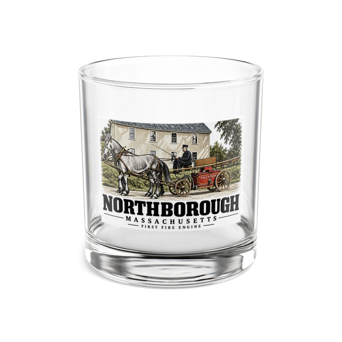 Illustrated First Fire Engine in Northborough on rocks glass