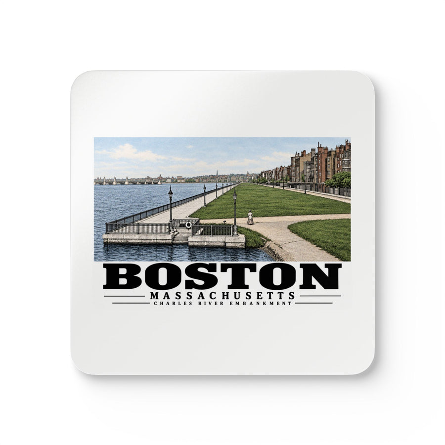 White square coaster showing Charles River Embankment riverside path, lawn and buildings artwork and Boston lettering