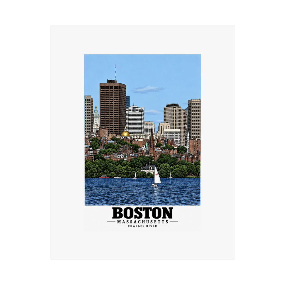Poster front showing the Boston skyline across the Charles River, with Boston lettering.